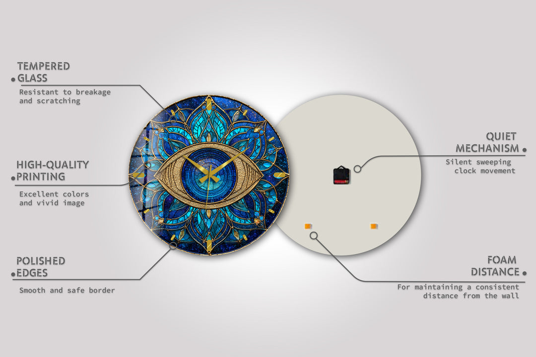 Evil Eye Glass Wall Clock – Blue Mandala Wall Decor