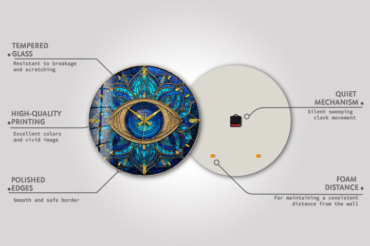 Evil Eye Glass Wall Clock – Blue Mandala Wall Decor