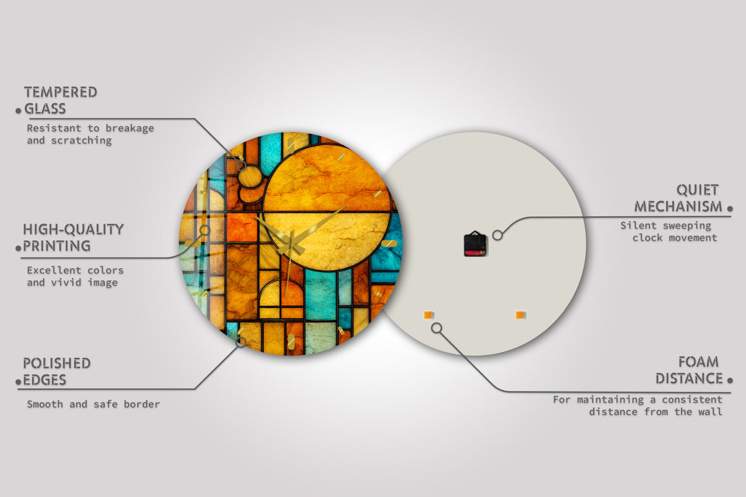 Orangefarbene und blaugrüne Glaswanduhr – geometrische Retro-Sonnenkunst