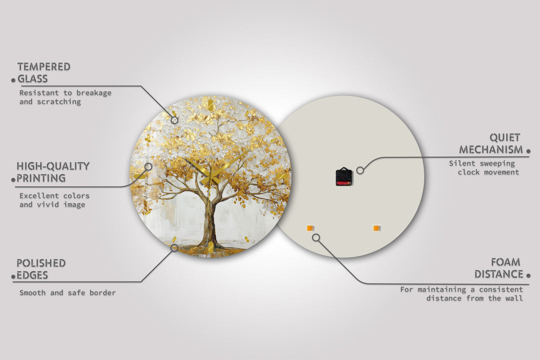 Gold Tree of Life Glass Wall Clock – White and Gold Modern Decor