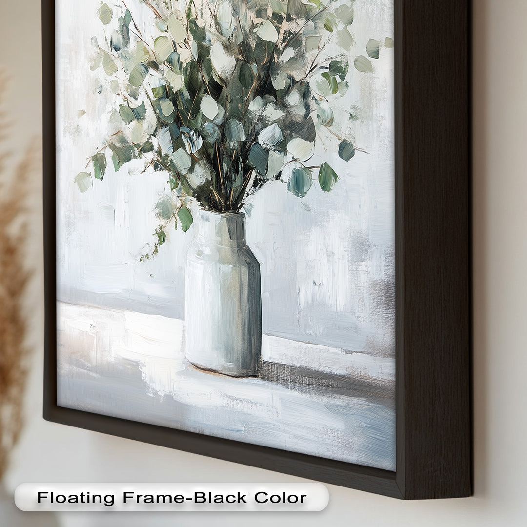 Eucalyptus Essence – Minimalist Greenery in Ceramic Vase Oil Painting