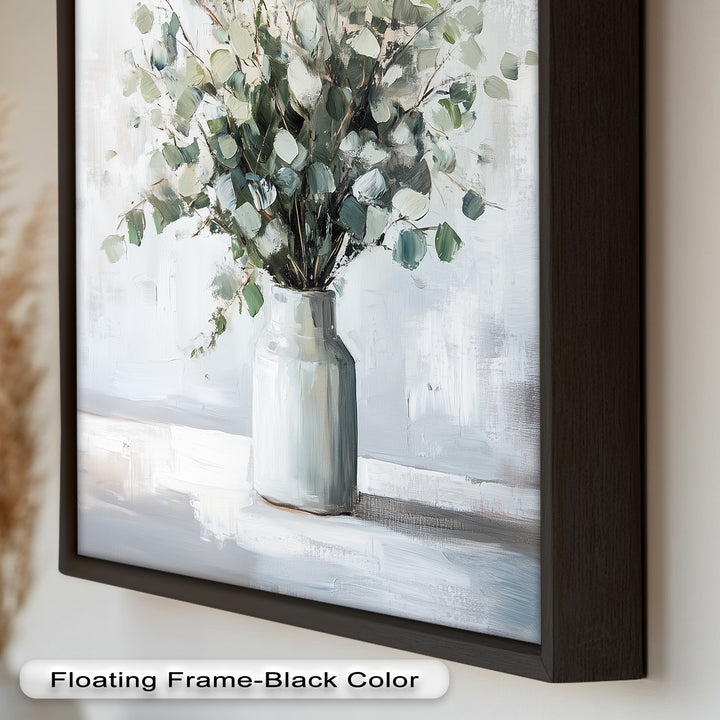 Eucalyptus Essence – Minimalist Greenery in Ceramic Vase Oil Painting