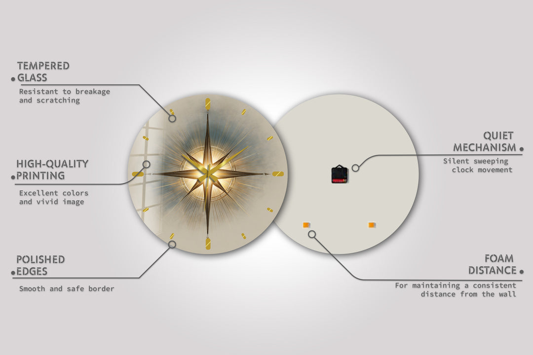 Gold Compass Rose Glass Wall Clock – Elegant Nautical Decor
