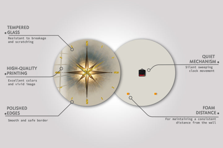 Gold Compass Rose Glass Wall Clock – Elegant Nautical Decor