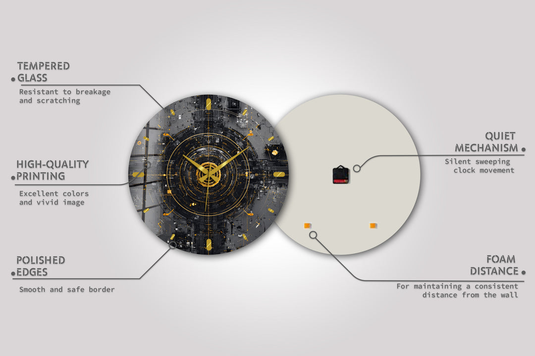 Industrial Abstract Glass Wall Clock – Black and Gold Tech Art