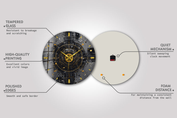 Industrial Abstract Glass Wall Clock – Black and Gold Tech Art