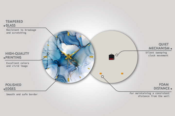 Blaue Marmorglas-Wanduhr – Abstraktes fließendes Kunstdekor
