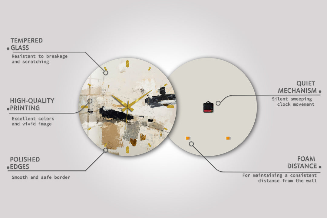Neutral Abstract Glass Wall Clock – Black and Beige Modern Art