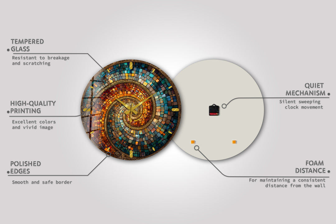 Spiralmosaik-Glaswanduhr – abstrakte Kunst in Blaugrün und Kupfer