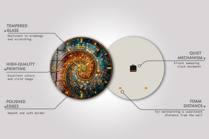 Spiralmosaik-Glaswanduhr – abstrakte Kunst in Blaugrün und Kupfer