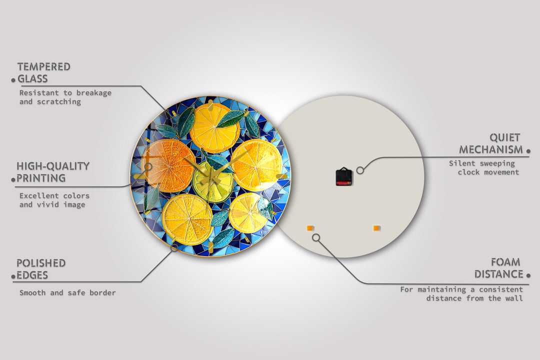 Lemon and Orange Glass Wall Clock – Mediterranean Kitchen Decor