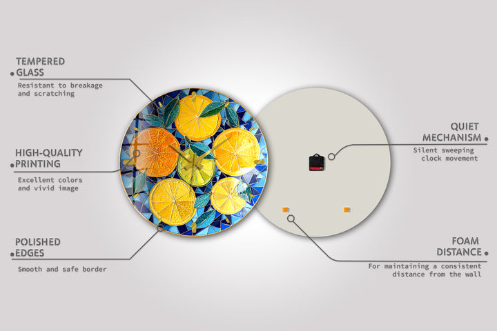 Lemon and Orange Glass Wall Clock – Mediterranean Kitchen Decor