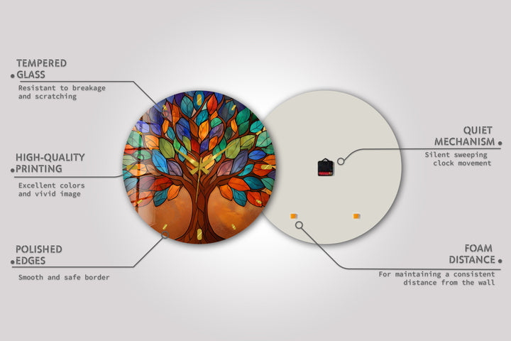 Bunte Glas-Wanduhr „Baum des Lebens“ – Buntglas-Stil