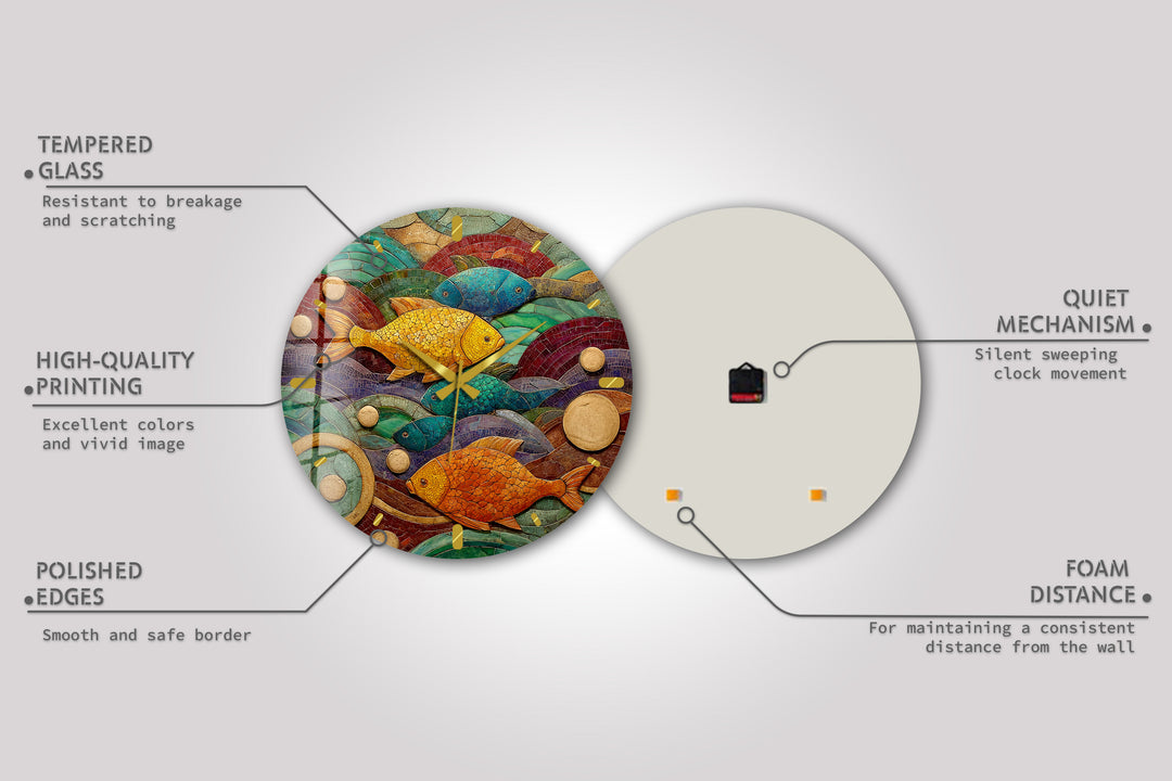 Colorful Fish Glass Wall Clock – Coastal Mosaic Art Decor