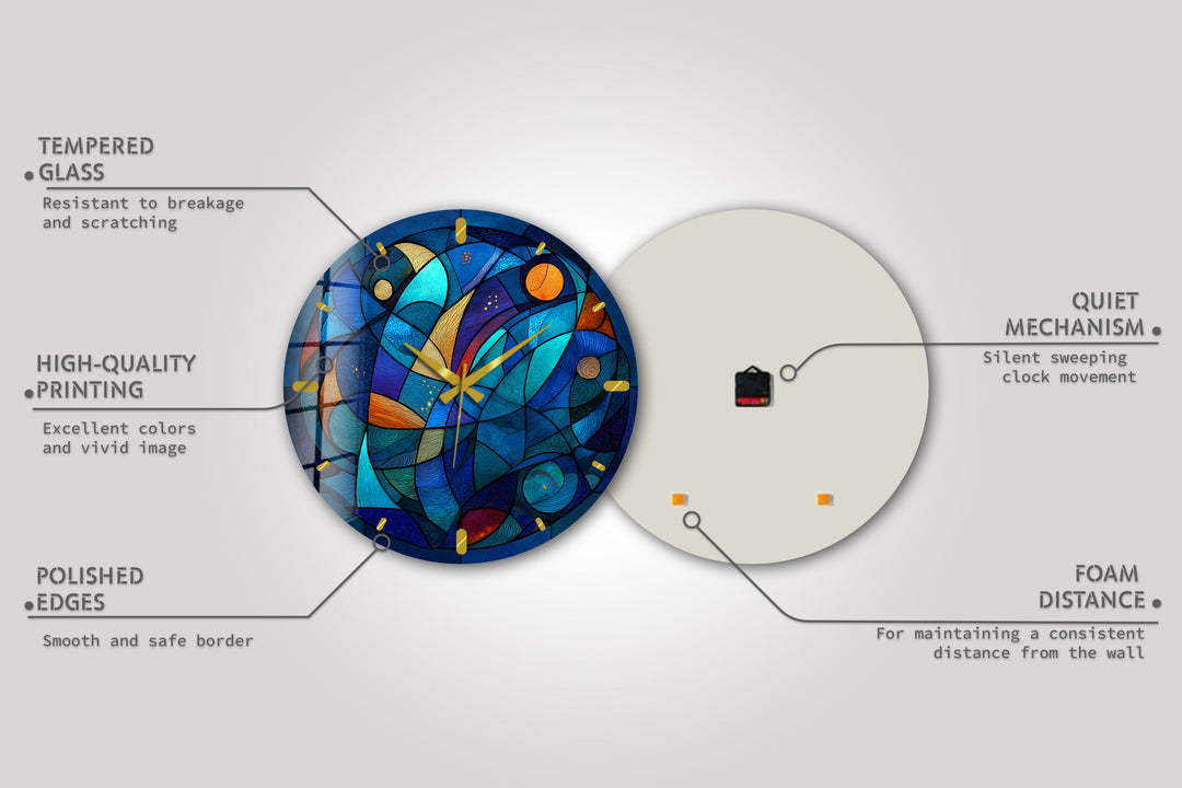 Blaue abstrakte Glas-Wanduhr – Dekor im Buntglas-Stil