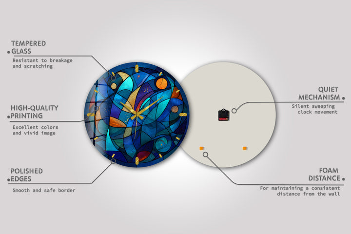 Blaue abstrakte Glas-Wanduhr – Dekor im Buntglas-Stil