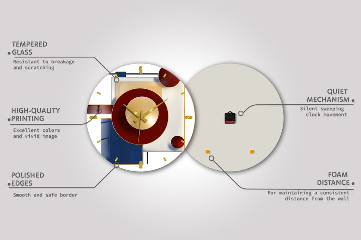 Burgundy and Navy Glass Wall Clock – Modern Geometric Gold Art