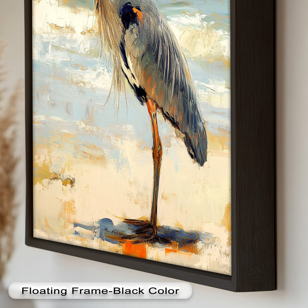 Elegant Heron Standing on Shoreline – Framed Oil Painting