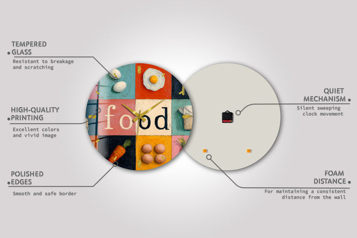 Colorful Food Glass Wall Clock – Retro Kitchen Decor