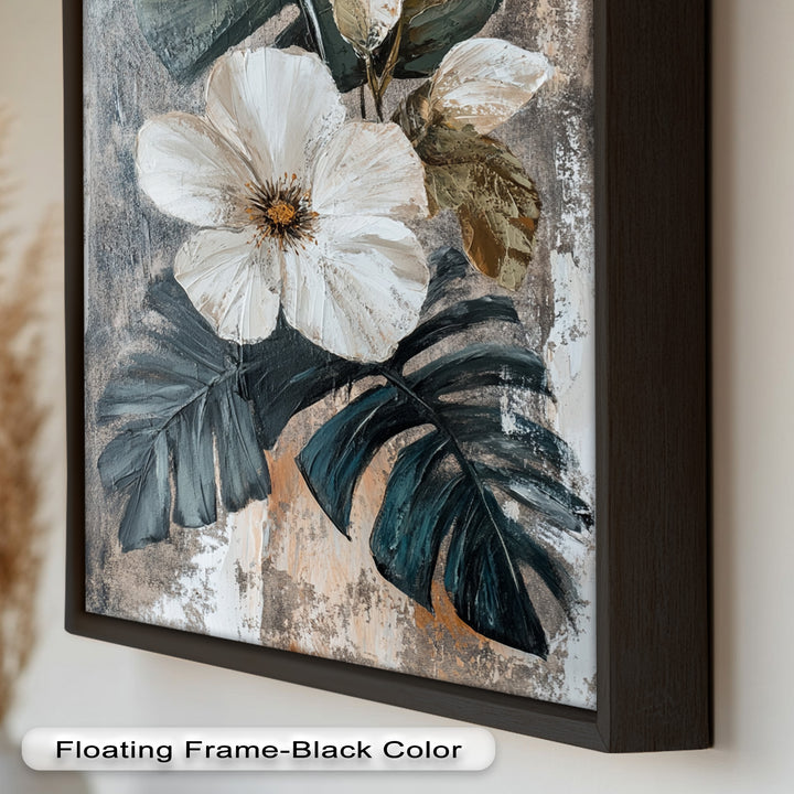 White Bloom and Tropical Leaves - Flower Oil Painting