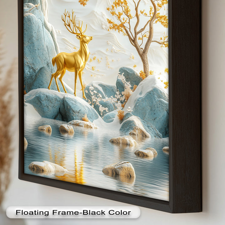Golden Deer in Snowy Mountain - Animal Oil Painting