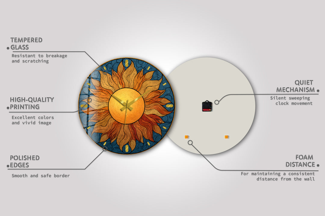Boho Sun Glass Wall Clock – Golden Sunburst Decor