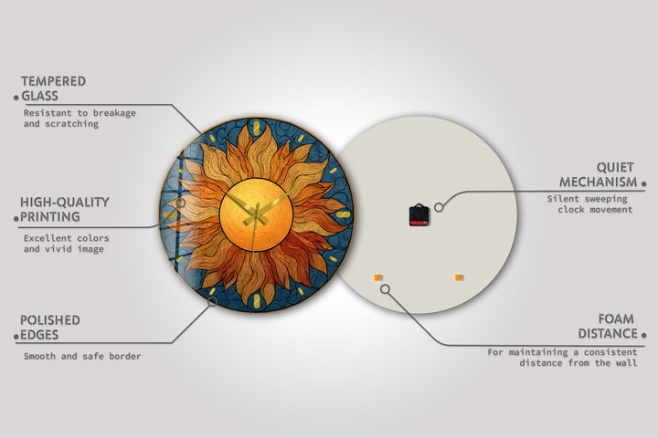 Boho Sun Glass Wall Clock – Golden Sunburst Decor