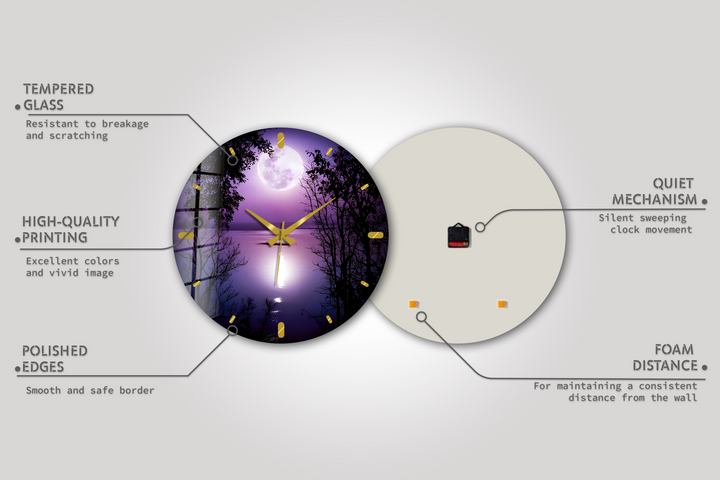 Lila Vollmond-Glas-Wanduhr – Mondschein-See-Dekor