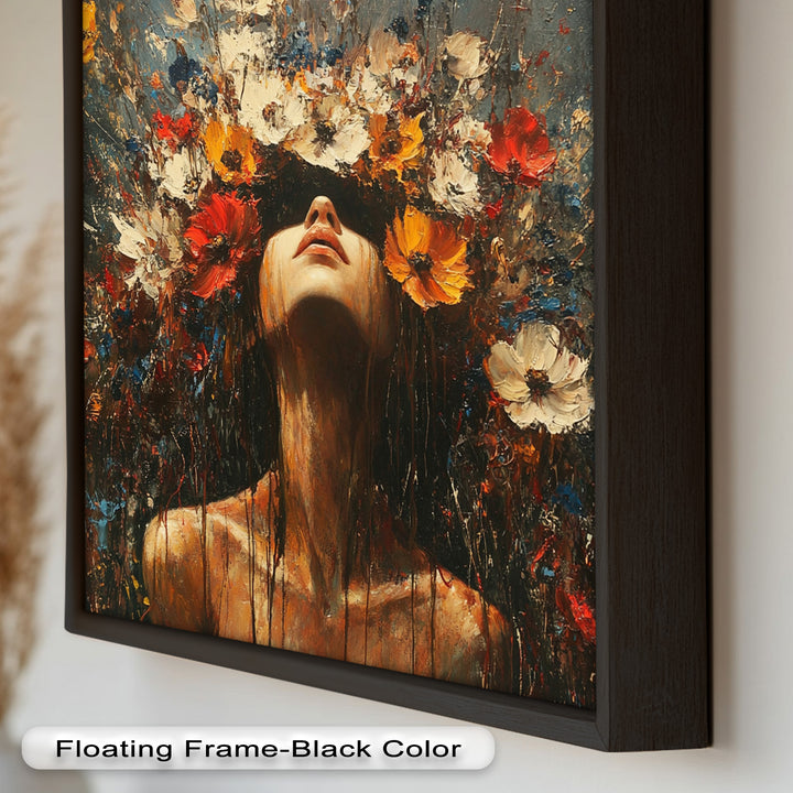 Floral Rebirth – Woman with Blossoming Crown Abstract Oil Painting