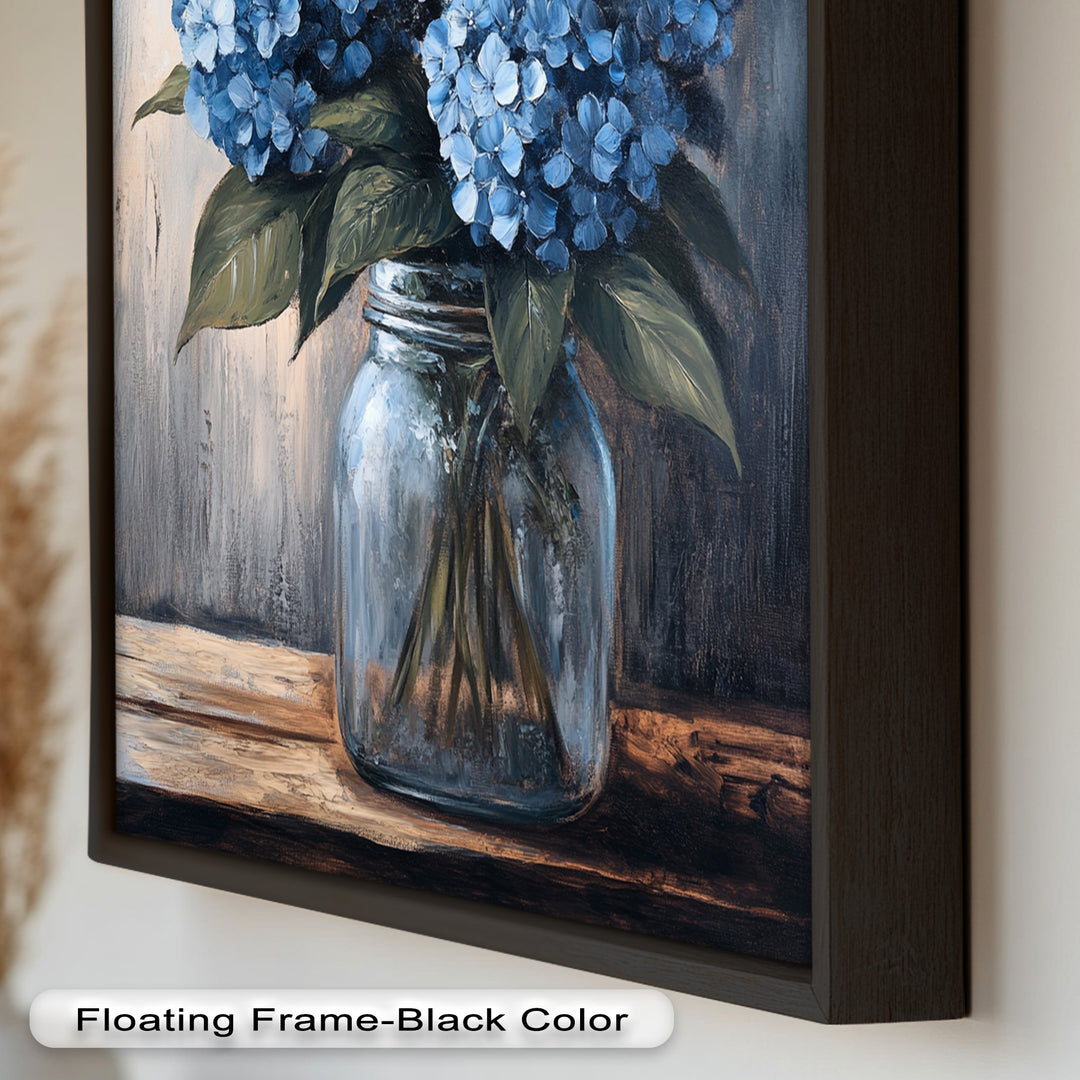Blaue Gelassenheit – Hortensienblüten im Einmachglas, Blumenölgemälde