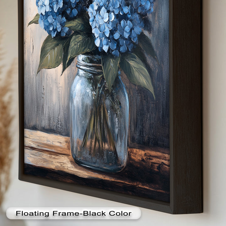 Blaue Gelassenheit – Hortensienblüten im Einmachglas, Blumenölgemälde