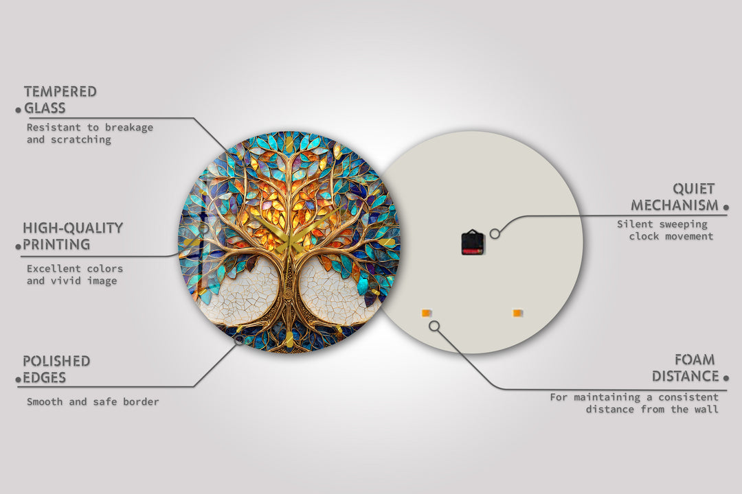 Tree of Life Glass Wall Clock – Blue and Gold Mosaic Decor