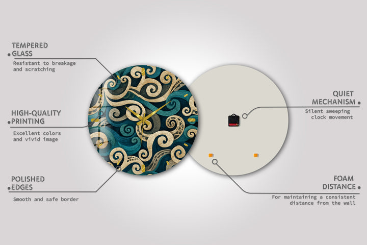 Teal Spiral Glass Wall Clock – Blue and Beige Abstract Swirl Art