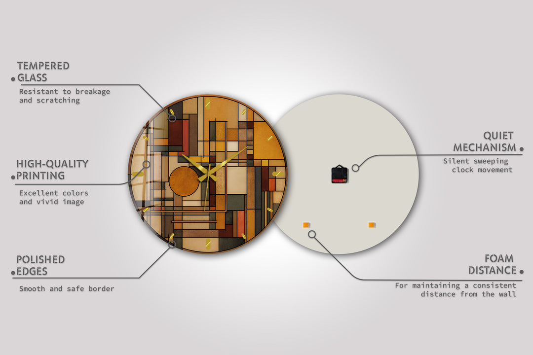 Art Deco Geometric Glass Wall Clock – Warm Retro Abstract Art