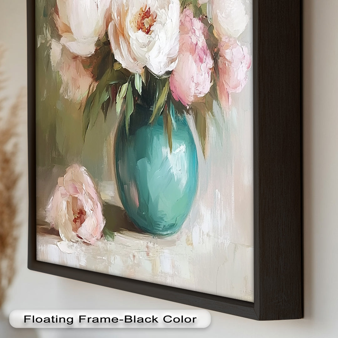 Blushing Peonies in Jade Vase – Romantic Flower Oil Painting