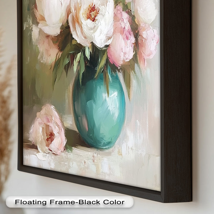 Blushing Peonies in Jade Vase – Romantic Flower Oil Painting
