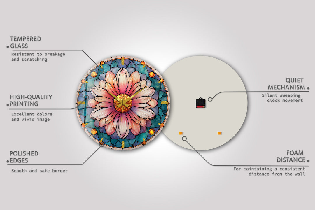 Rosa florale Glas-Wanduhr – Dekor im Buntglas-Stil