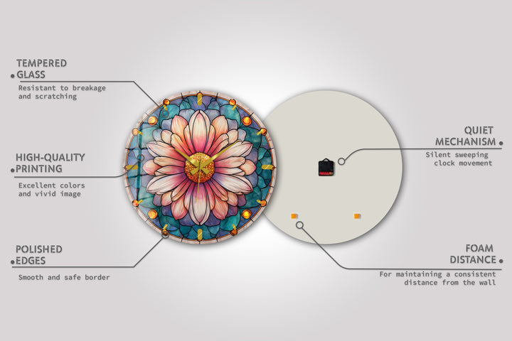 Rosa florale Glas-Wanduhr – Dekor im Buntglas-Stil