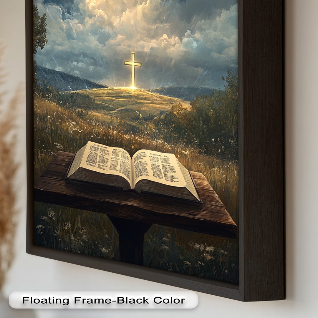 Göttliche Offenbarung – Bibel und leuchtendes Kreuz, christliches Ölgemälde