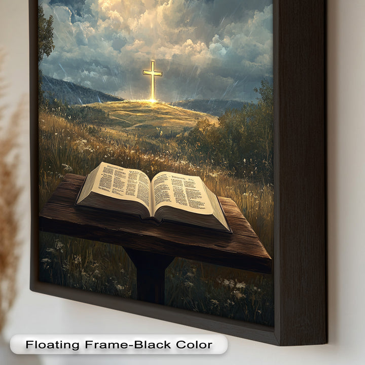 Göttliche Offenbarung – Bibel und leuchtendes Kreuz, christliches Ölgemälde