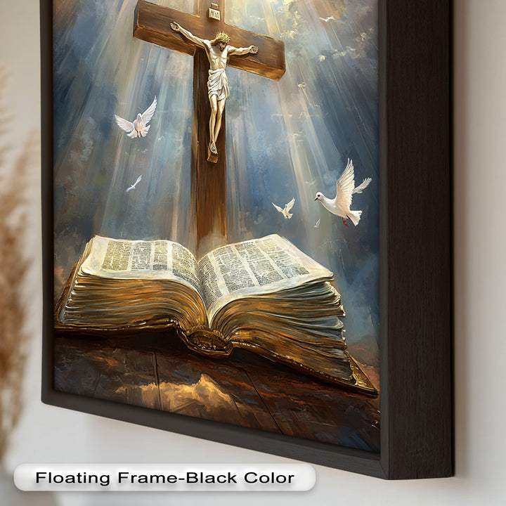 Jesus on the Cross with Open Bible and Doves - Oil Painting