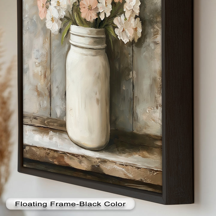 Blush & Cream Blooms – Rustic Mason Jar Flower Oil Painting