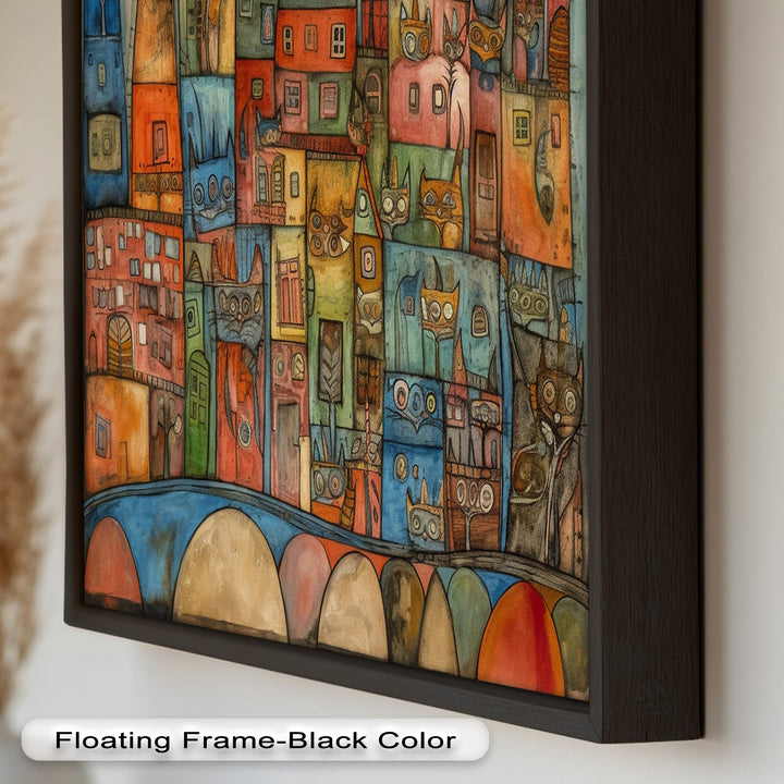 Whimsical Cat Cityscape – Surreal Architecture and Feline Picasso Oil Painting