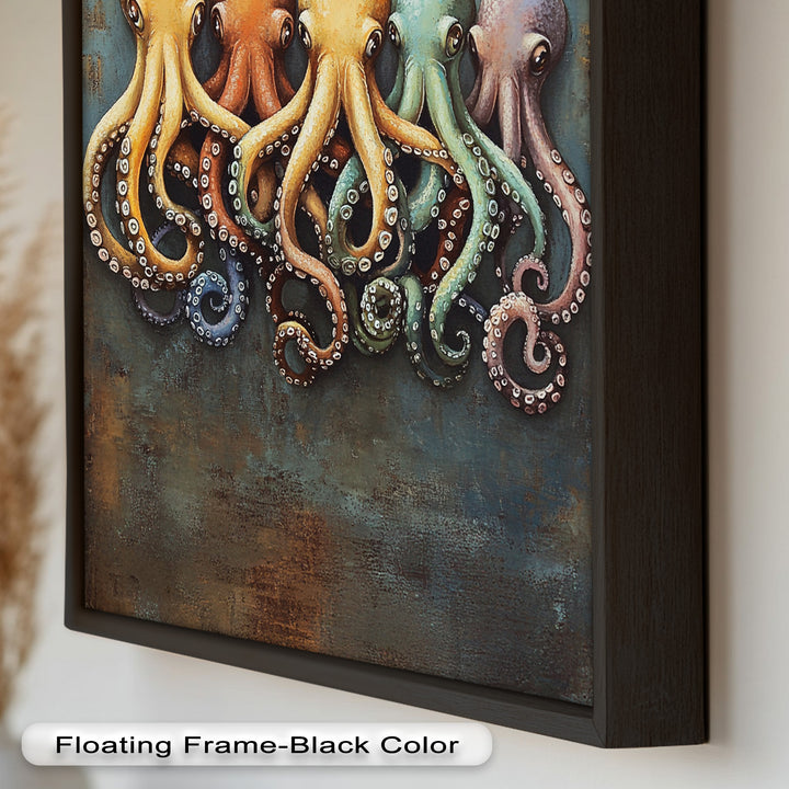 Whimsical Row of Octopuses – Colorful Sea Life Animal Oil Painting