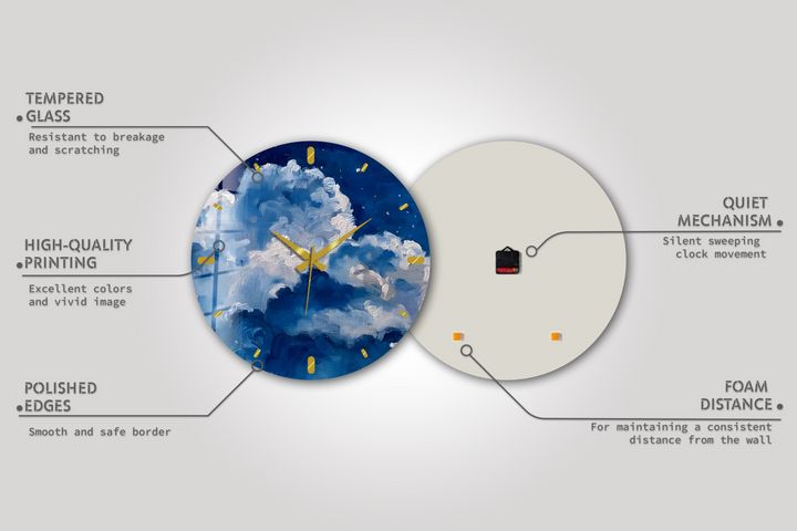 Blaue Wolke Glaswanduhr – abstrakte Himmelswanddekoration