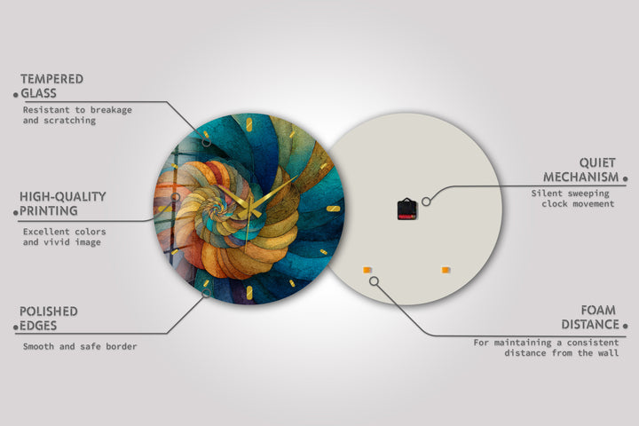 Abstract Spiral Glass Wall Clock – Teal and Gold Swirl Art