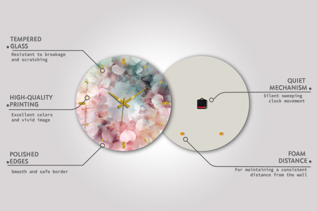 Pastel Hydrangea Glass Wall Clock – Pink Floral Wreath Decor