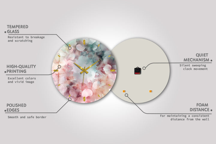 Pastel Hydrangea Glass Wall Clock – Pink Floral Wreath Decor