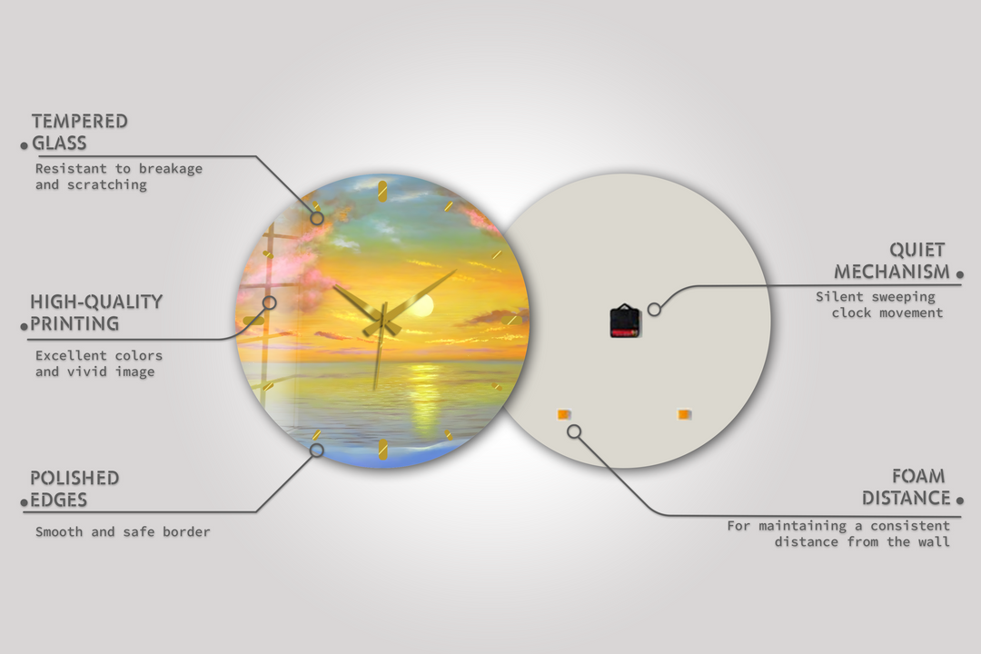 Ocean Sunset Glass Wall Clock – Golden Coastal Decor