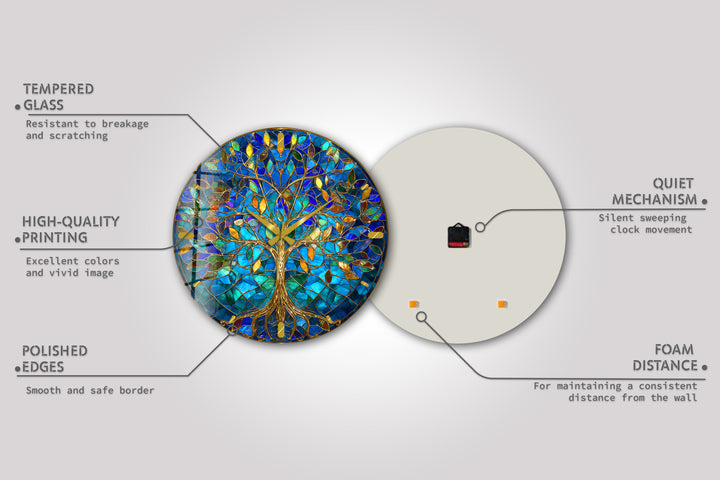 Blue Tree of Life Glass Wall Clock – Gold Stained Glass Style
